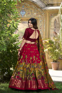 Premium Kalamkari impreso Tussar seda Lehenga Choli Set con papel de aluminio Dupatta borlas lienzo cosido diseño de ropa de fiesta - Product Image 5