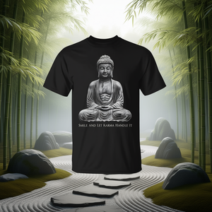 T-shirt con statua di Buddha sorridente Let Karma Handle IT per un look meditativo e ispiratore - Product Image 3
