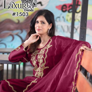 Lujoso traje de diseñador de traje recto de estilo pakistaní bordado en marrón con trabajo de hilo dorado para mujer - Product Image 1