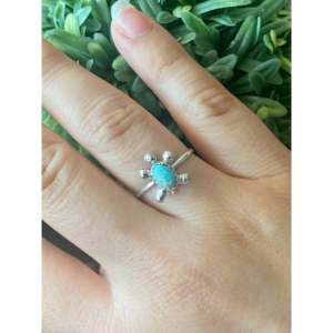 Zuni Handmade Fine Jewelry Dainty Hip-Hop <b>Turquoise</b> Gemstone <b>Ring</b> with Sterling Silver Turtle Inlay Size 5.75 Everyday Wear - Product Image 2