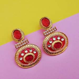 Kriaa kundan สีชมพู meenakari ต่างหูชุบทอง1303135แฟชั่น - Product Image 1