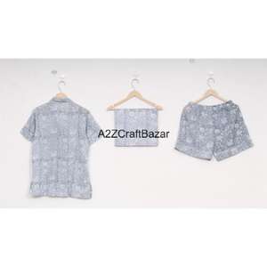 Ensemble de pyjama décontracté à col en V 100% coton pur imprimé numérique à motifs floraux pour femmes à manches courtes respirant doux avec fermeture à cordon - Product Image 4