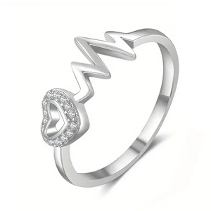 Bague de couple romantique en or 10 carats ou en argent sterling avec diamant de laboratoire, design de ligne de battement de cœur et d'ECG, cadeau pour la Saint-Valentin - Product Image 1