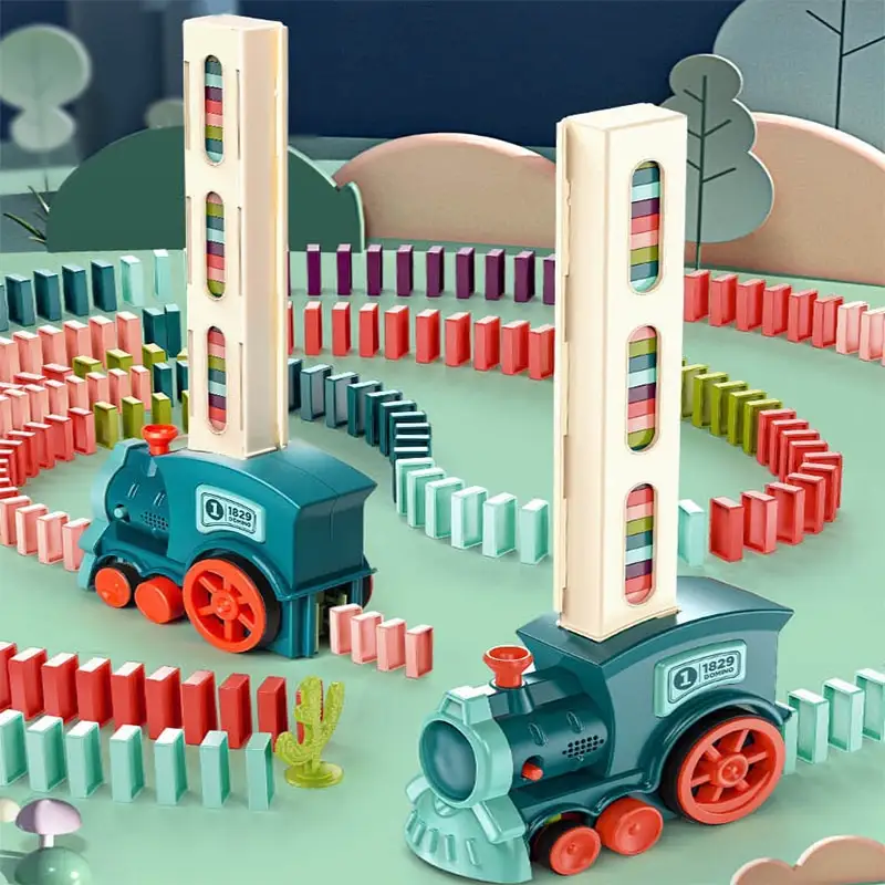 전기 도미노 기차 자동차 세트 소리 및 빛 자동 배치 도미노 벽돌 블록 게임 어린이를위한 교육용 DIY 장난감