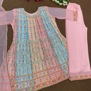 ชุด Plazo ที่สวยงาม Georgette เทียมหนักพร้อมลําดับการเย็บปักถักร้อย 5 มม. งานหนักด้วยผ้าฝ้ายไมโครคุณภาพสูง Latkan Dori - Product Image 1