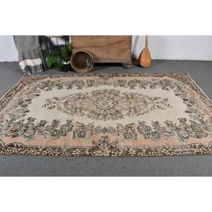 Vintage Turkish Rug Classic Beige <b>Brown</b> 5.6 X 9.4 ft Large Area Patchwork <b>Wool</b> with Latex Backing for Hallway or Bedroom - Product Image 2