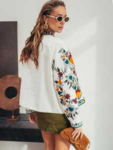 Chaqueta Blusón Ligera de Algodón para Mujer, Estilo Boho, Bordada, con Cuello Mao, Abertura Frontal, Resistente al Viento, Prenda Exterior Étnica, Colorida - Product Image 3