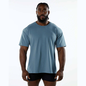 Camiseta Azul Extra Grande para Hombre, Algodón Grueso, Corte Holgado, Manga Corta, Estilo Urbano, Informal, Básica, Lisa, Personalizable - Product Image 1