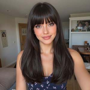 Maribel-DWY 16 Inches Glueless Synthetic <b>Wig</b> Mid-Length Curly Black with Bangs Machine Made for Women Transparent Lace - Product Image 1