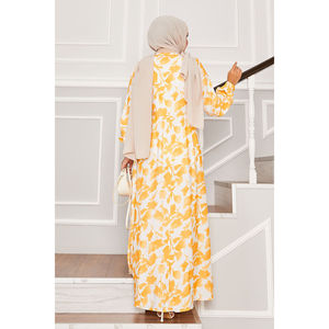 Robe moutarde à motif floral avec col chemise, liens latéraux, taille élastique, décontractée, respirante, pour femme de bureau, XS, pour les fêtes de jour, OEM/ODM - Product Image 5