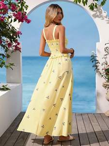 Robe longue élégante pour femme, manches courtes, 100% coton, taille naturelle, broderie simple, décontractée, pour l'extérieur, tissée, lavable, avec poches - Product Image 3