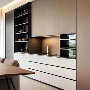 Armoire de rangement contemporaine pour salle à manger avec finition en panneau mélaminé, portes vitrées, éclairage chaleureux et dimensions sur mesure - Product Image 6
