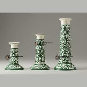 Proveedor indio ofrece conjunto de portavelas con incrustaciones de hueso verde hecho a mano candelabro decorativo con patrón Floral - Product Image 1