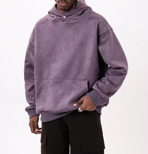 Sudadera con capucha púrpura de invierno para hombre, ropa de calle lavada, 380 GSM, forro polar de gamuza recortada, dobladillo crudo, sudaderas con capucha bordadas personalizadas con hombros caídos - Product Image 1