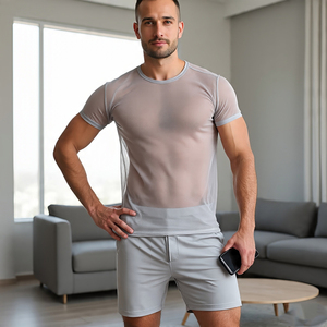 เสื้อยืดและกางเกงขาสั้นผ้าตาข่ายสำหรับผู้ชายเซ็ตชุดเดรสเซ็กซี่กลางคืนชุดกางเกงขาสั้นผ้าบางแขนสั้นชุดเสื้อผ้าแฝด - Product Image 5