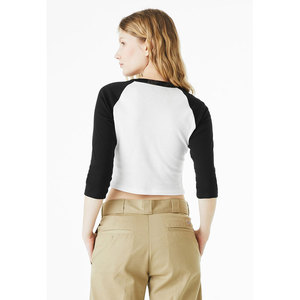 BELLA + CANVAS - Women's Micro Rib 3/4 Raglan Sleeve Baby Tee - 1200 Sustainable Style Fitted <b>White</b>/ Black Crop <b>Top</b> - Product Image 5