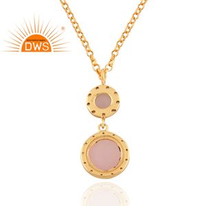 <b>Indian</b> Gold Plated Silver Designer Necklace Rose Chalcedony and Zircon <b>Set</b> Pendant Jewelry Supplier - Product Image 3