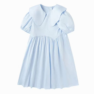Venta al por mayor niñas azul sólido botón vestido Puff manga cuello cuadrado algodón verano traje Boutique ropa fábrica proveedor BD - Product Image 2