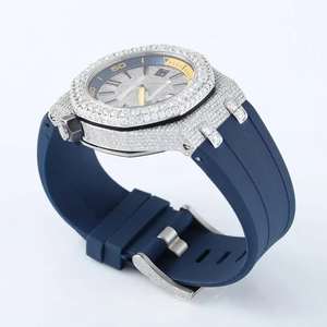 Demi glacé luxueux Moissanite diamant clouté montre bleu élastique chronographe cadran Quartz Date fonction pour hommes femmes - Product Image 2