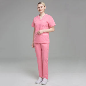 Combinaison d'infirmière à manches courtes 100% coton, col en V, ensemble uniforme pour femmes et hommes - Product Image 1