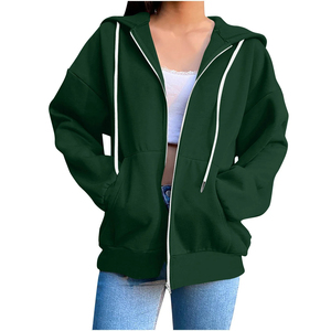 Sweats à capuche pour femmes de couleur unie fermeture éclair logo personnalisé pull à capuche manches longues tissu éponge français coton sweats à capuche pour femmes - Product Image 2