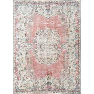 Tapis en laine vintage 9x12 rouge-orange noué à la main, motif médaillon abstrait rectangulaire pour couloir, entrée et salon - Product Image 1