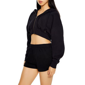 Women's Oversized Zip-Up <b>Distressed</b> Hoodie with Patch Embroidered Cropped Jogger Set French Terry Winter Season Crop <b>Top</b> Hoodie - Product Image 2