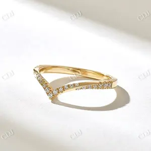 New Trending Fashion Twisted Pave Lab Grown Diamond Chevron Gold Ring Curved Wedding Band for Woman Twist Wishbone Stacking Ring