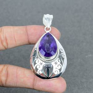 Natural Amethyst <b>Silver</b> Brass Pendent 925 <b>Silver</b> Plated Prong Set Pear Shape <b>Birthstone</b> Wholesale Jewelry <b>Necklace</b> Gift For Her - Product Image 2