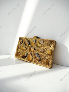 Tiger Eye Gemstone Panelled Clutch with Polished Cabochon Stones Gold Textured Frame Handcrafted Luxury Statement <b>Bag</b> gift her - Product Image 3