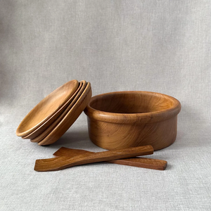 wood handcrafted salad bowl set vintage wooden salad bowl, plates, <b>utensils</b>, natural wood serving set - Product Image 1