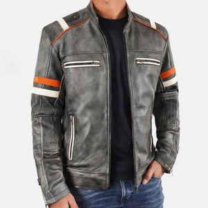 Chaqueta gris para montar en motocicleta de cuero genuino para hombre, chaqueta de moto de cuero con paneles blancos y rojos para carreras de pista blindada CE para hombre - Product Image 1