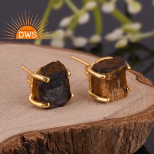 Último diseño hecho a mano 18K chapado en oro Natural amarillo Ojo de Tigre piedra preciosa Stud pendiente Demi joyería fina fabricante - Product Image 2