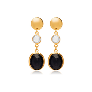 Black Quartz Oval Shape Stone Square Plain Jewelry 22K Gold Bezel 925 Sterling <b>Silver</b> <b>Stud</b> Earrings - Product Image 1