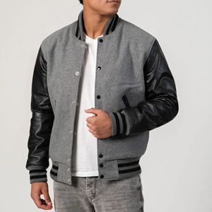 Blouson universitaire pour homme gris chiné en laine avec manches en cuir noir, fermeture éclair, patchwork, écologique, style urbain - Product Image 5