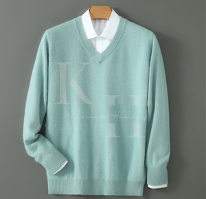 เสื้อสวมหัวผ้าวูลคอวีสำหรับผู้ชายเสื้อสเวตเตอร์ถักผ้าคอตตอนสีล้วนสำหรับฤดูหนาว - Product Image 6