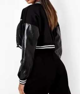 Custom Chenille Embroidery Patches Women <b>Cropped</b> <b>Black</b> Varsity <b>Jacket</b> OEM Stand Collar College Baseball Bomber <b>Jacket</b> - Product Image 4