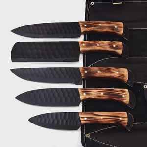 High Quality <b>Steel</b> Kitchen Knife Set Custom Handmade Black Powder <b>Coated</b> <b>Steel</b> Fixed Blade Kitchen Chef Leather Cover Sheath Bag - Product Image 3