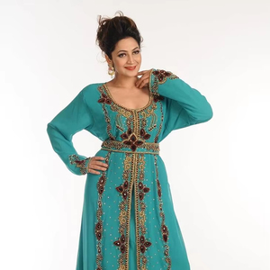 Turquoise georgette <b>kaftan</b> with zari work - Product Image 1
