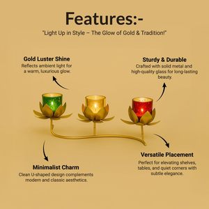 Gold Metal Three Lotus Tealight Candle Stand with Glass Votive <b>Cups</b> Decorative Centerpiece for Home Temple Wedding Festive Decor - Product Image 3