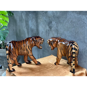 Par de estatuas de tigre de madera talladas a mano, altura de 11 pulgadas, 17 pulgadas, 18 pulgadas, escultura decorativa para el hogar y el jardín - Product Image 1