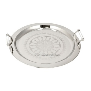 Handmade Round Shape Metal Serving <b>Tray</b> With Wooden Handle <b>Silver</b> Plated Home & Wedding Food and <b>Drinks</b> Serving <b>Tray</b> - Product Image 3