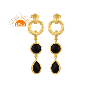 Best Selling Sterling <b>Silver</b> 18K Gold Plated Natural Black Onyx Gemstone <b>Dangle</b> <b>Earring</b> Demi Fine Jewelry Manufacturer - Product Image 1