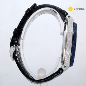 นาฬิกาสายหนังแบบพรีเมี่ยมประดับด้วยเพชรโมอิสสีขาวและสีฟ้านาฬิกาข้อมือแนวสปอร์ตสุดหรูจากอินเดีย - Product Image 5