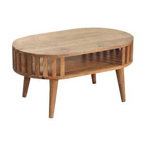 Elegant Modern Artisan Crafted Oval Coffee Table Durable Mango <b>Wood</b> with <b>Slatted</b> Gallery Tapered Legs for Living Spaces - Product Image 3