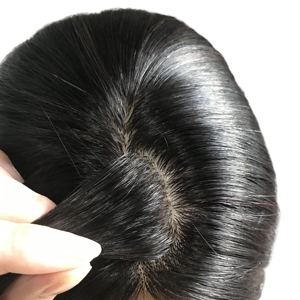 Sinoland Prothèse capillaire pour <span class=keywords><strong>femme</strong></span> en cheveux humains 100% Remy indiens, base en soie, avec clip supérieur, anti-emmêlement, noir naturel, lisse - Product Image 5