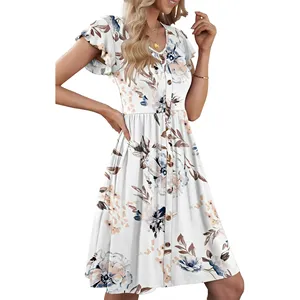 Robes d'été à fleurs de couleur blanche pour femmes, col en V, manches volantées, robes d'été décontractées fluides, robe midi à boutons et poches. - Product Image 2