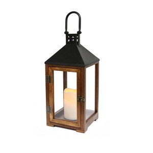 Vintage Wooden Candle Lantern with <b>Black</b> Metal Top Rustic Decorative Candle Holder for Home Wedding Outdoor Garden Decor - Product Image 1