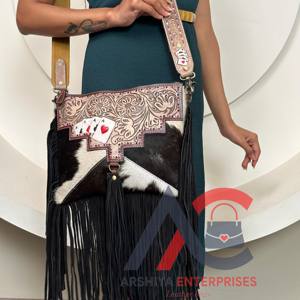 Nuevo hecho a mano occidental elegante pelo en cuero de vaca con flecos monedero Boho único baraja de cartas jugador vaquera bandolera - Product Image 1