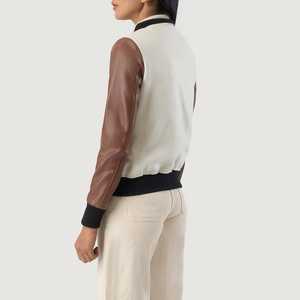 Precio de fábrica Savant White & Brown Chaqueta universitaria híbrida para mujer Chaqueta de béisbol para mujer Chaqueta corta de lana con letras para mujer - Product Image 3